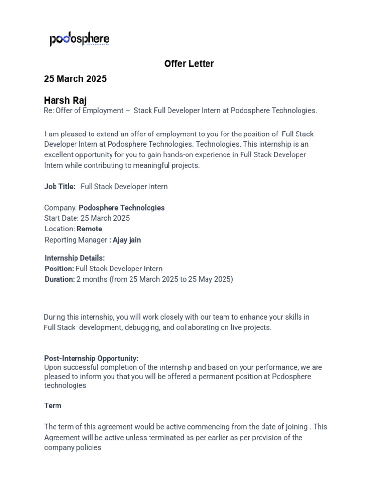 Podosphere Technologies Internship Offer | PDF | Business Law | Common Law