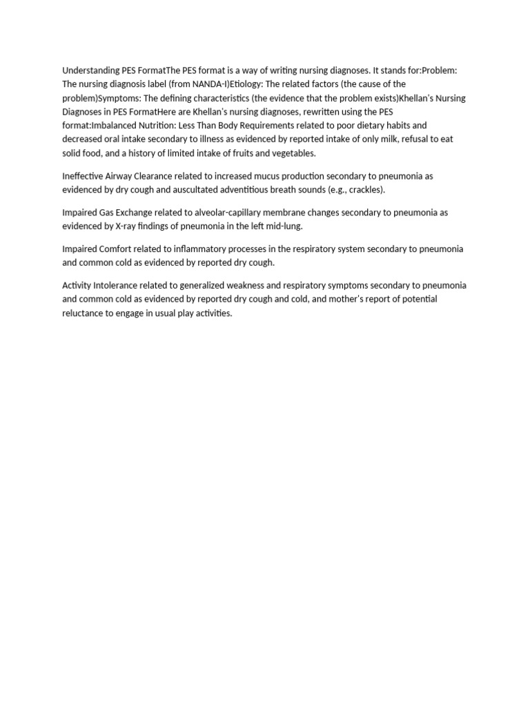 PES Format for Nursing Diagnoses | PDF