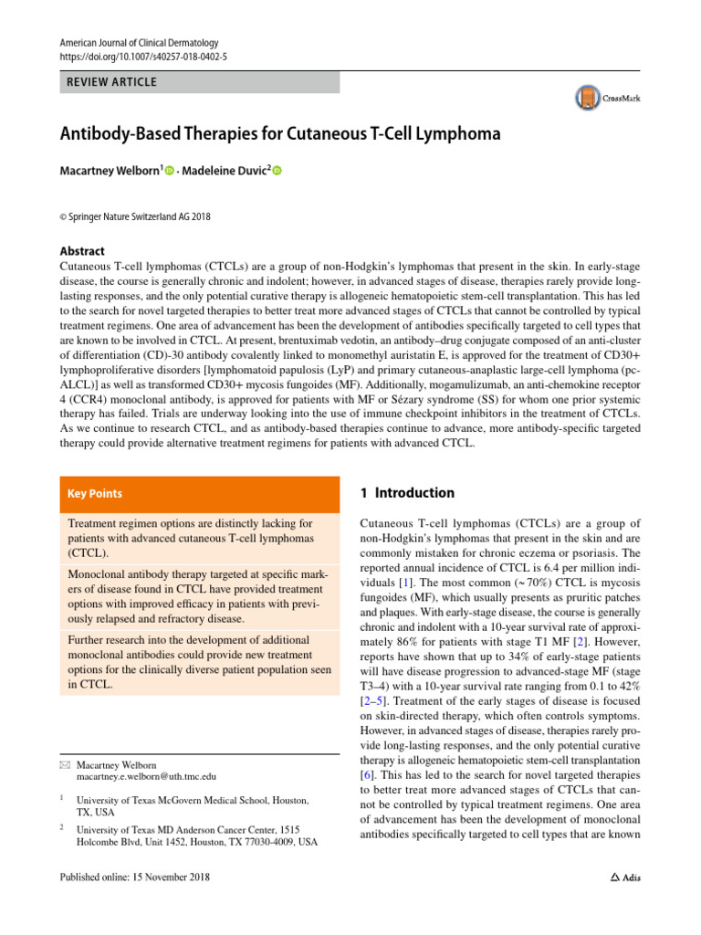 Antibody Based Therapies For Cutaneous T Cell Lymphoma | PDF ...