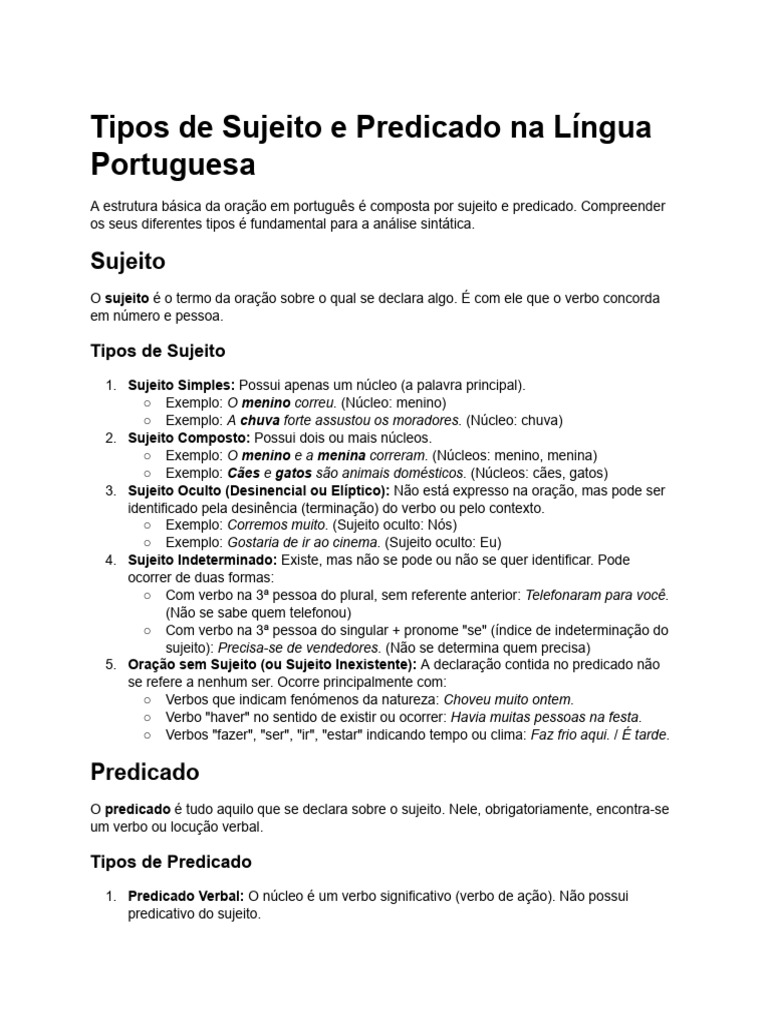 Tipos de Sujeito e Predicado em Português | PDF | Assunto (gramática ...