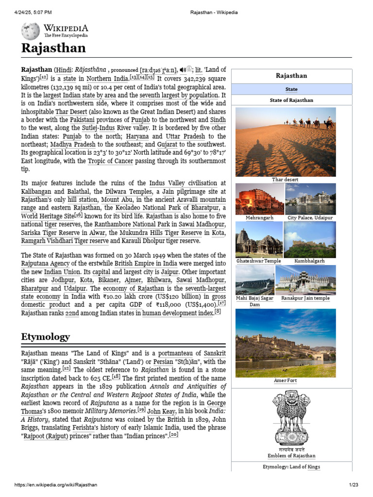 Rajasthan - Wikipedia | PDF
