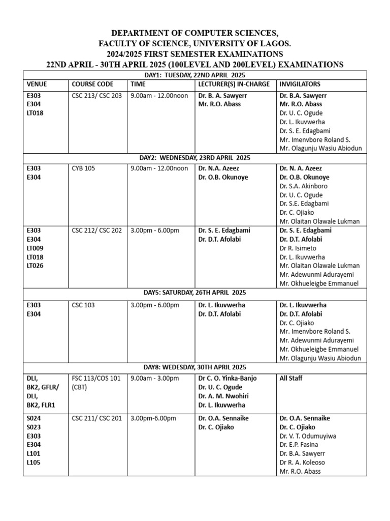 UNILAG 2024/2025 Computer Science Exam Schedule | PDF