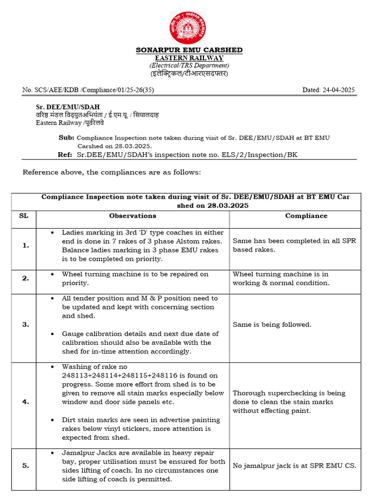 Sonarpur EMU Carshed Compliance Report | PDF | Rail Transport | Rolling ...