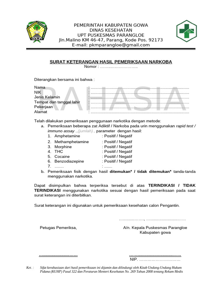 Draf Form SURAT KETERANGAN HASIL PEMERIKSAAN NARKOBA | PDF