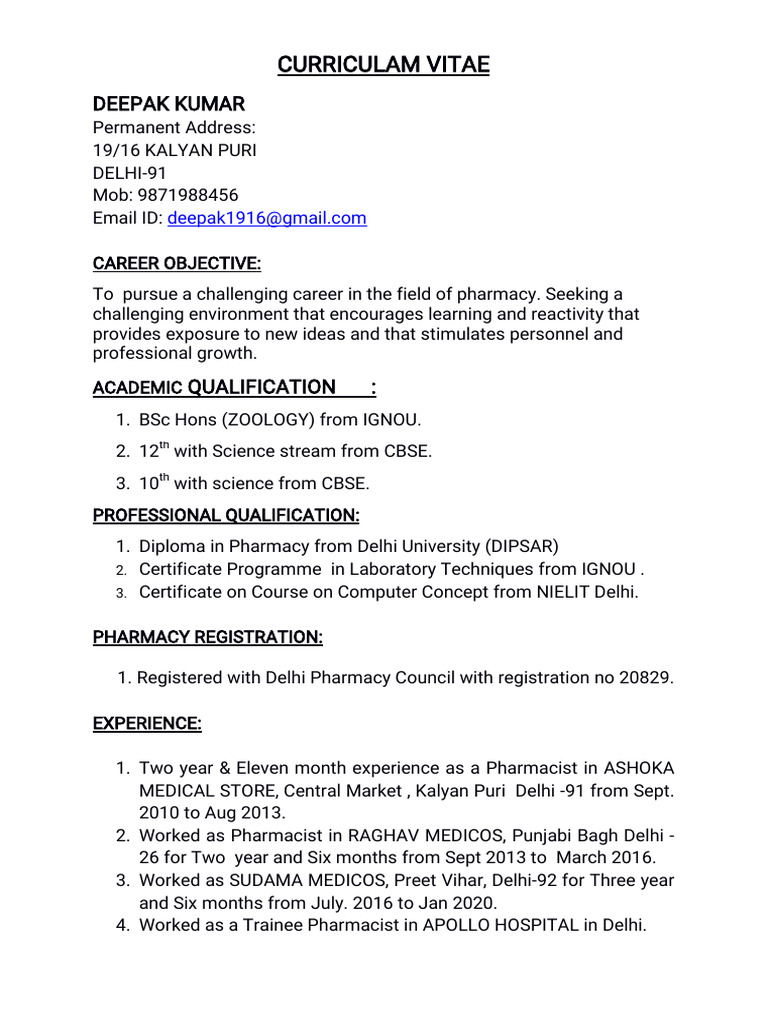 Deepak Kumar's Pharmacy CV | PDF