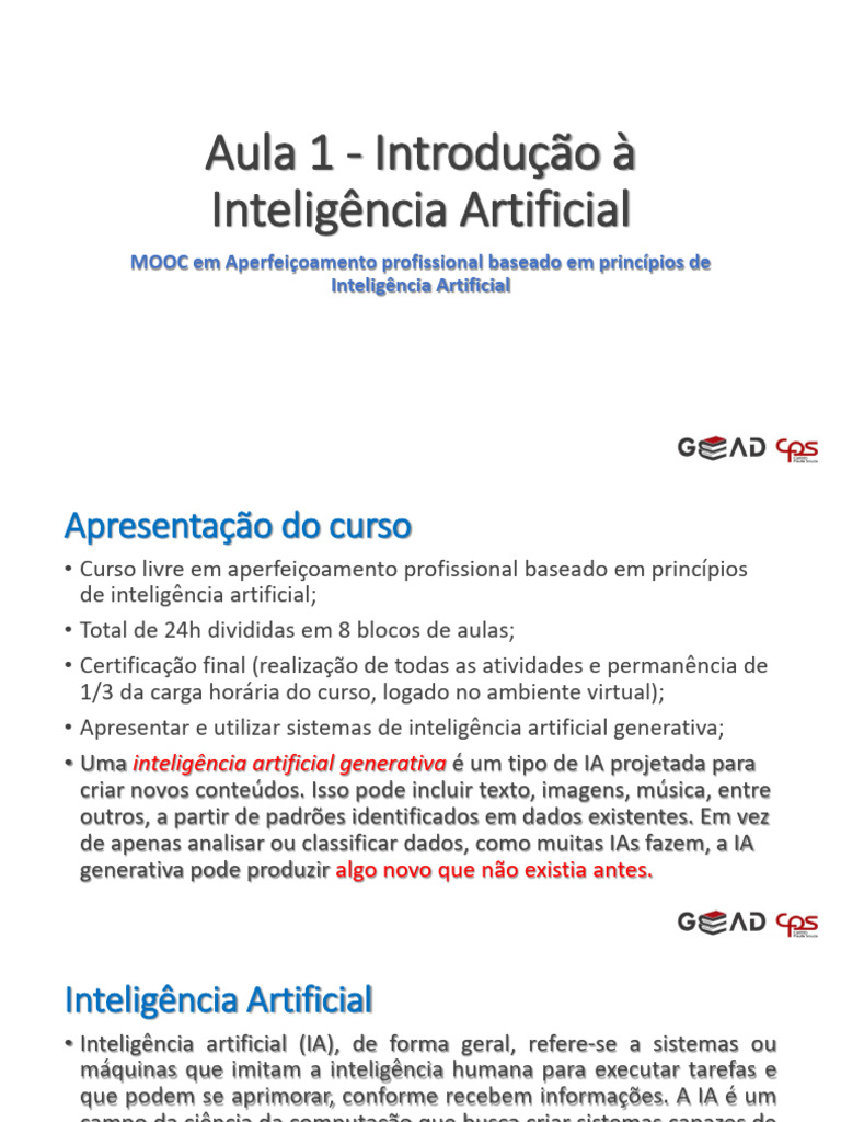 Aula 1 Mooc Ia | PDF | Inteligência artificial | Inteligência ...