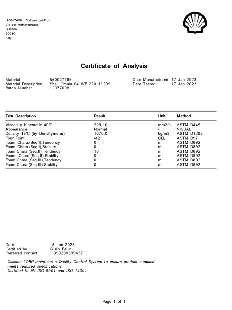 Certificate of Analysis for Shell Omala S4 WE 220 | PDF