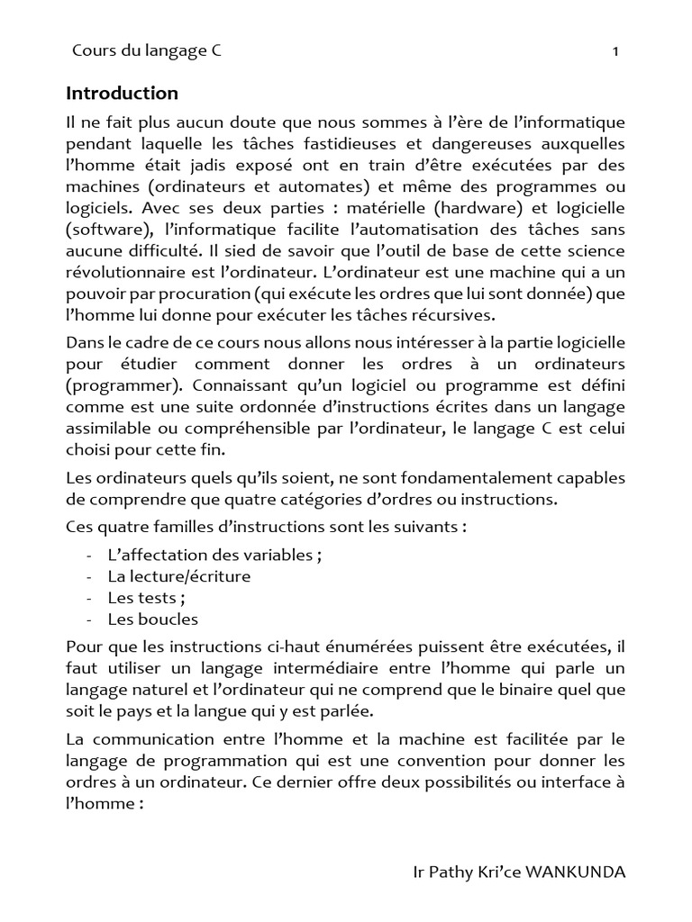 Introduction au langage de programmation C | PDF | C (Langage de ...