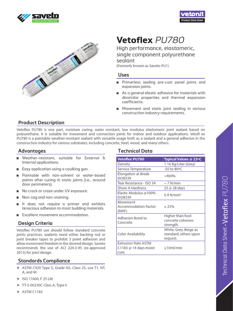 Vetoflex PU780 Technical Data Sheet | PDF | Concrete | Adhesive