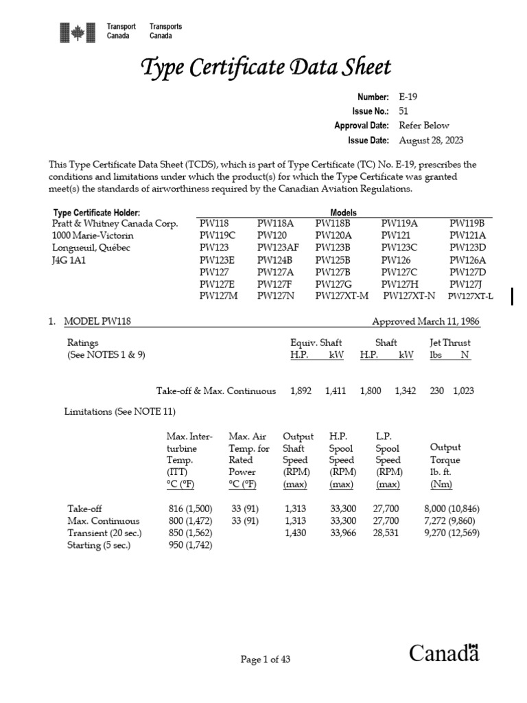Type Certificate Data Sheet E-19 Overview | PDF | Horsepower | Jet Engine