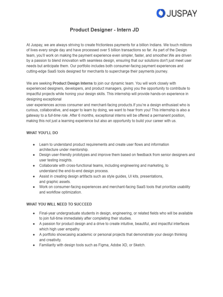 Product Designer - Intern JD | PDF | Usability | Computing