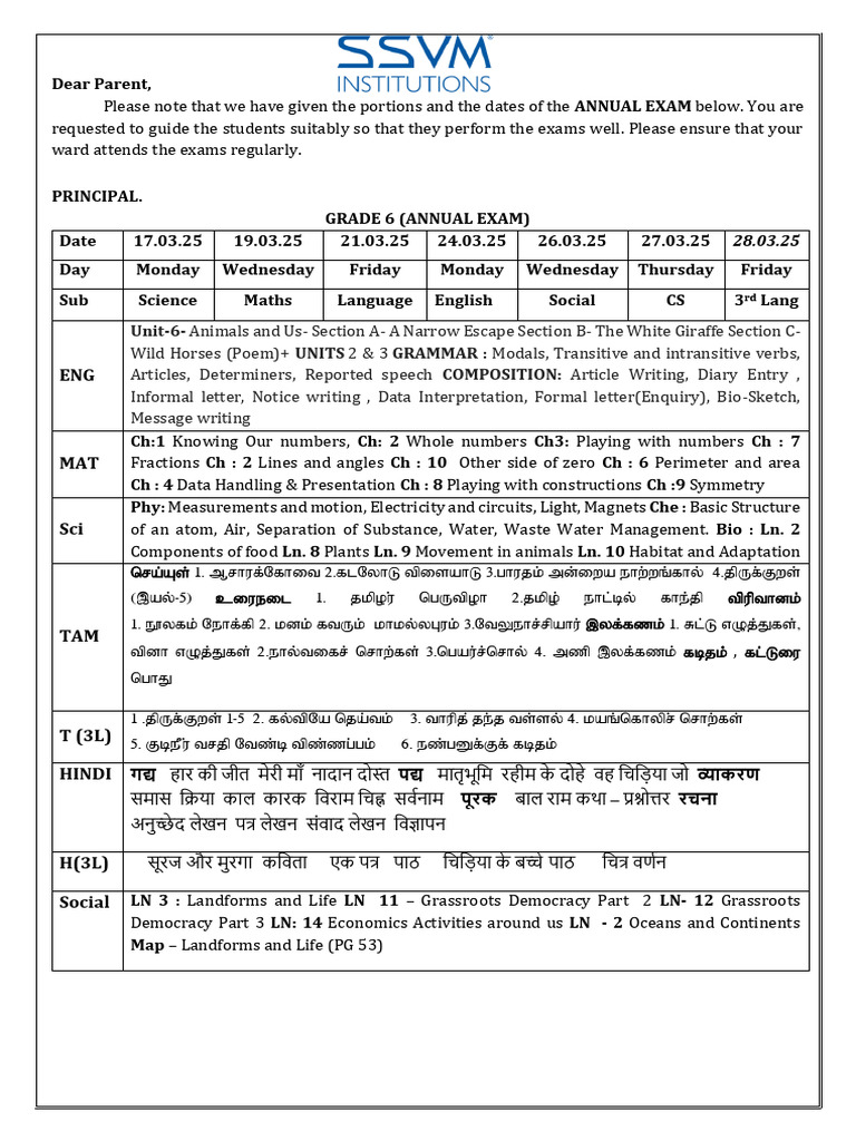6th Grade Annual Exam Schedule | PDF | Linguistics
