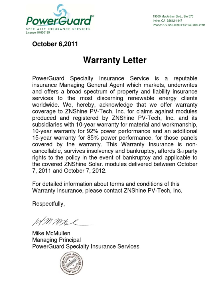 POWER GUARD Warranty Letter 92 85
