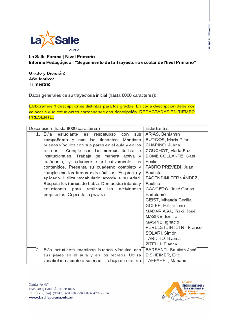 Informe Pedagógico Primer Trimestre | PDF | Escritura | Palabra