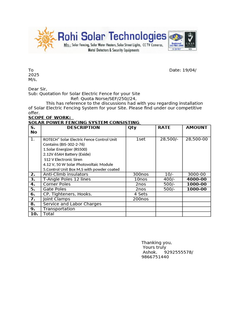 Solar Electric Fence Quotation 2025 | PDF