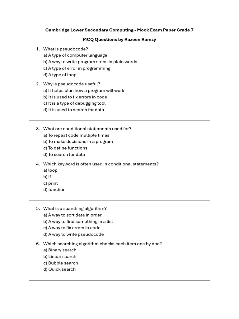 Grade 7 Computing Mock Exam Paper | PDF | Control Flow | Computer Program