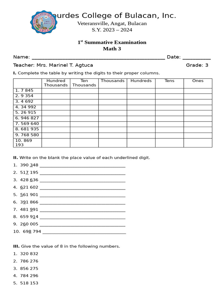 Math 3 Summative Exam 2023-2024 | PDF | Educational Assessment And ...