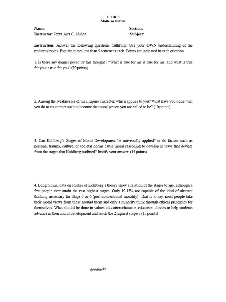 Ethics Midterm Exam Guidelines | PDF