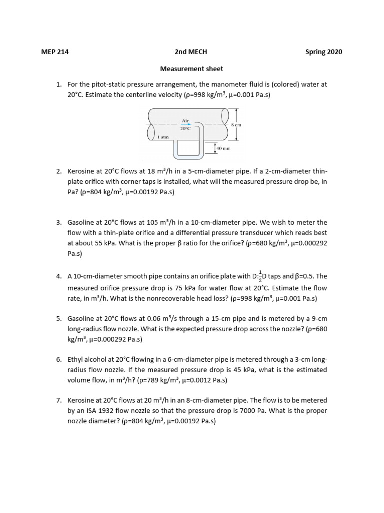 Sheet 4 - Measurements | PDF | Pressure Measurement | Flow Measurement