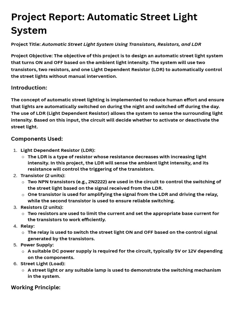 Automatic Street Light Control System | PDF | Relay | Transistor