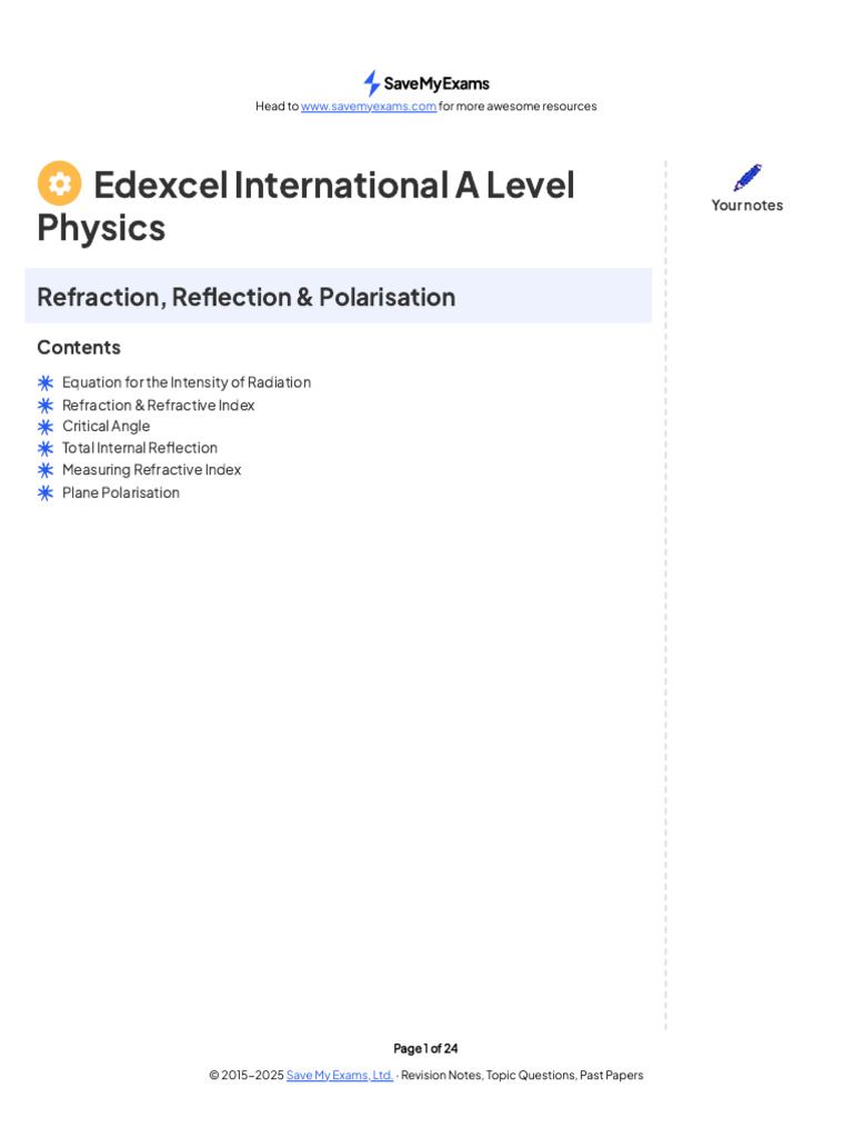 A Level Physics: Refraction & Intensity | PDF | Refraction | Waves