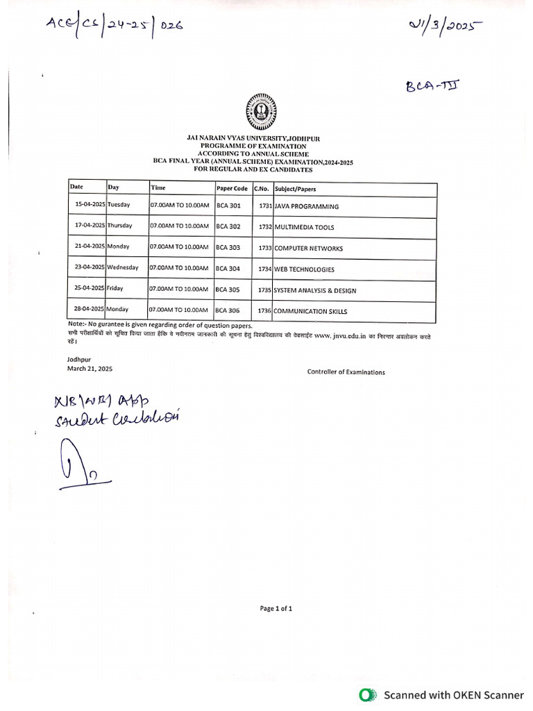 1742613530bca Final Year Exam Time Table 2024-25 | PDF