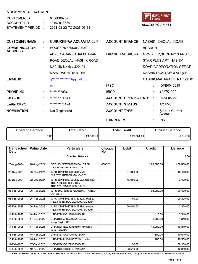 Gurukripaa Aquavita LLP Account Statement | PDF | Banks | Payments
