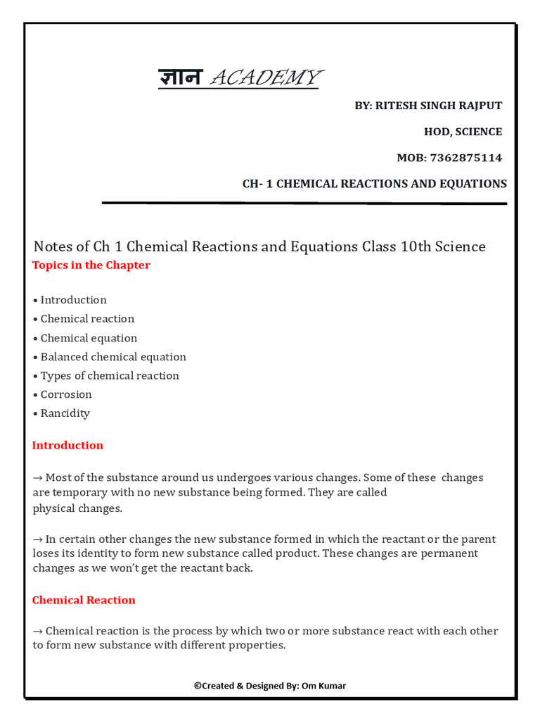 CH 1 Chemical Reactions and Equations | PDF | Redox | Chemical Reactions