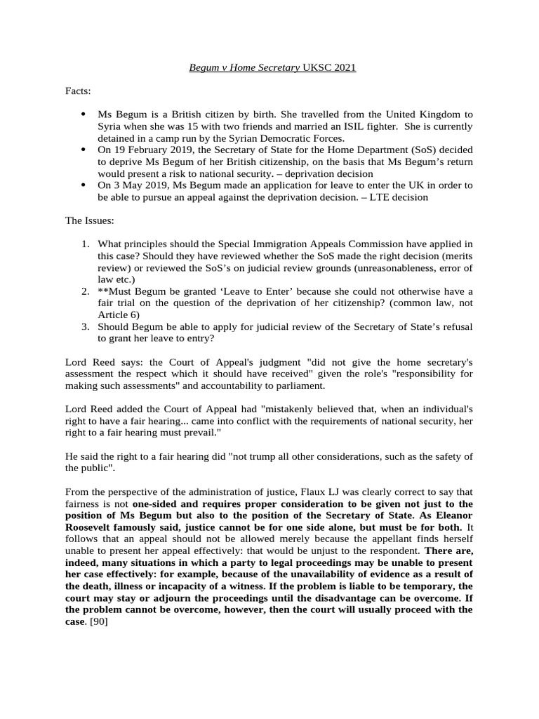 Begum V Home Secretary UKSC 2021 | PDF | Justice | Crime & Violence