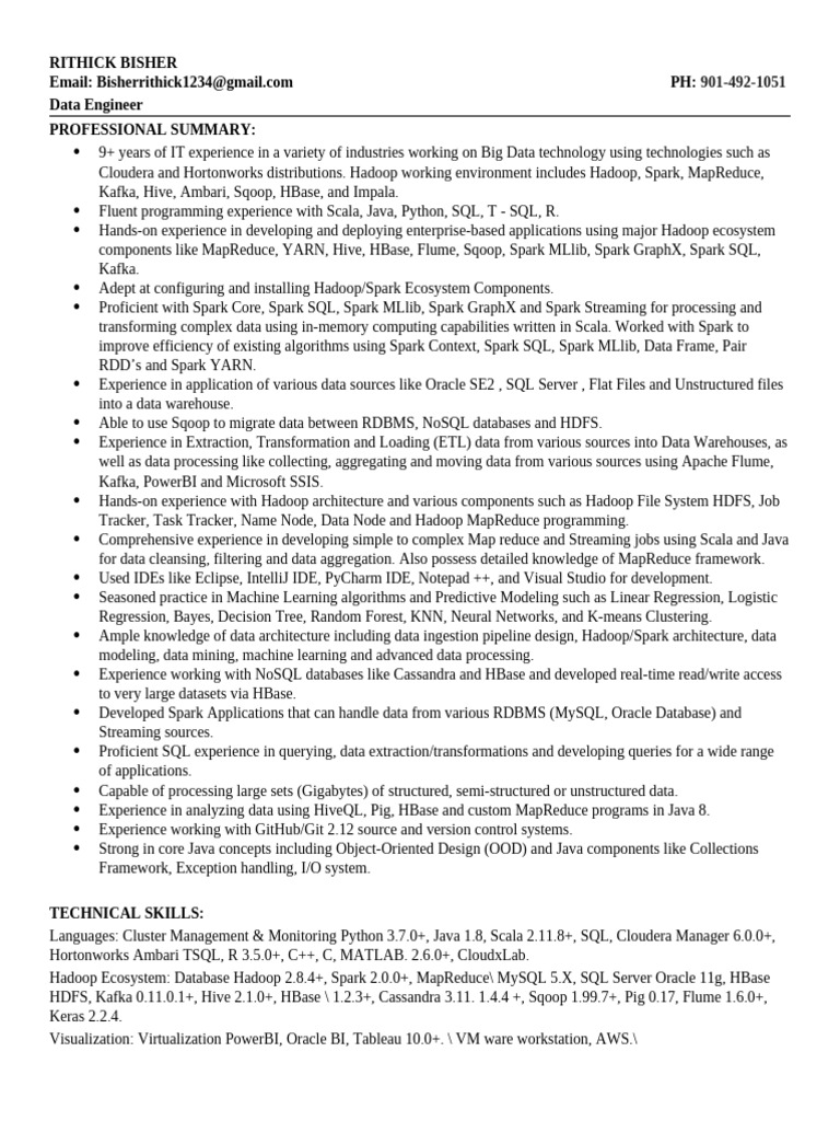 Experienced Data Engineer Resume | PDF | Apache Spark | Apache Hadoop