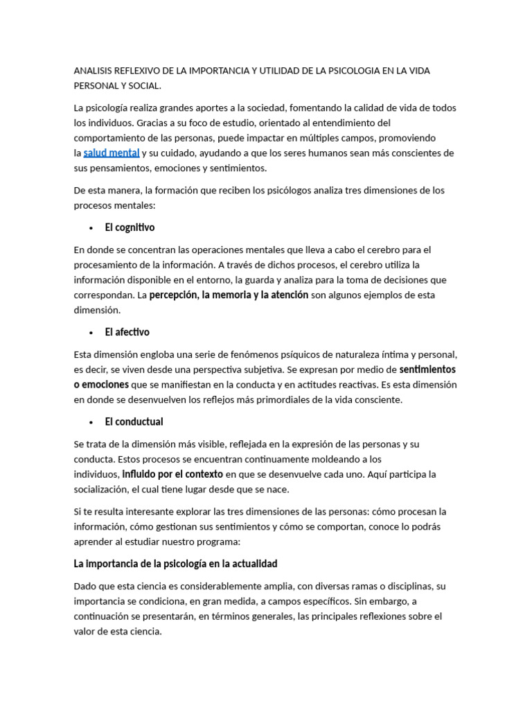 Importancia de la Psicología en la Vida | PDF | Sicología | Comportamiento