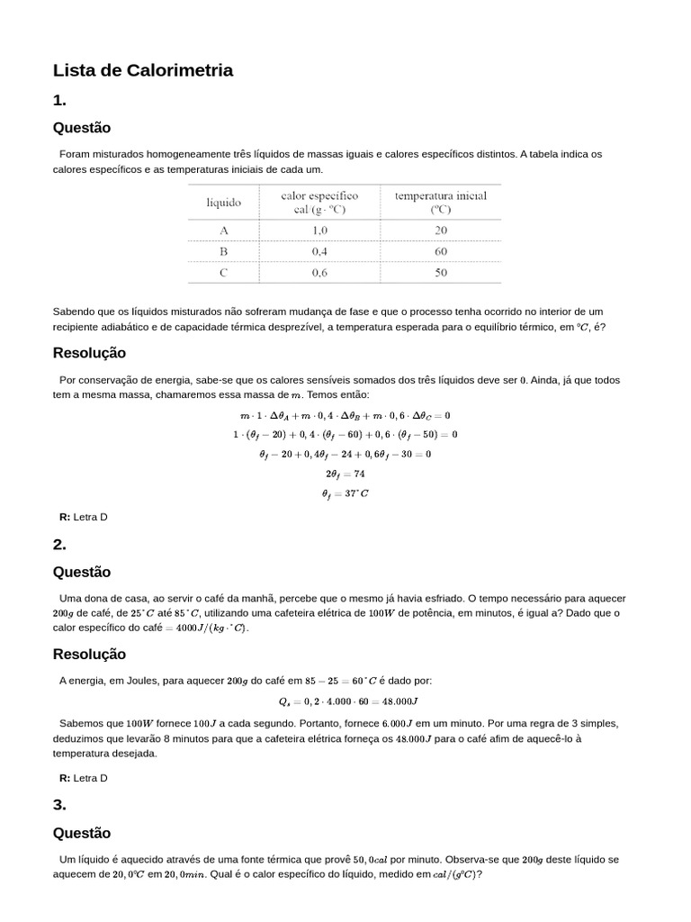 Lista de Calorimetria | PDF | Calor | Capacidade térmica