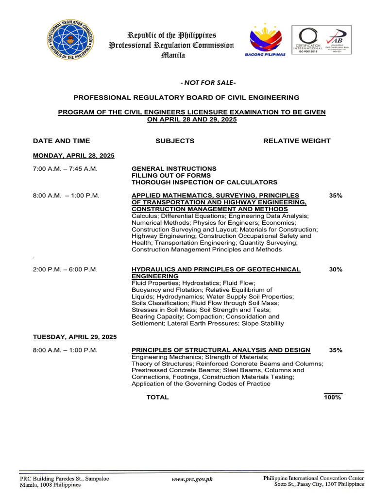 Civil Engineering Licensure Exam Program 2025 Pdf Engineering