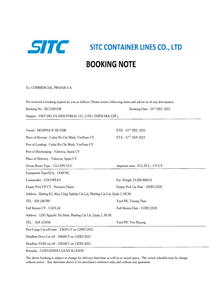 Booking Note 1 | PDF