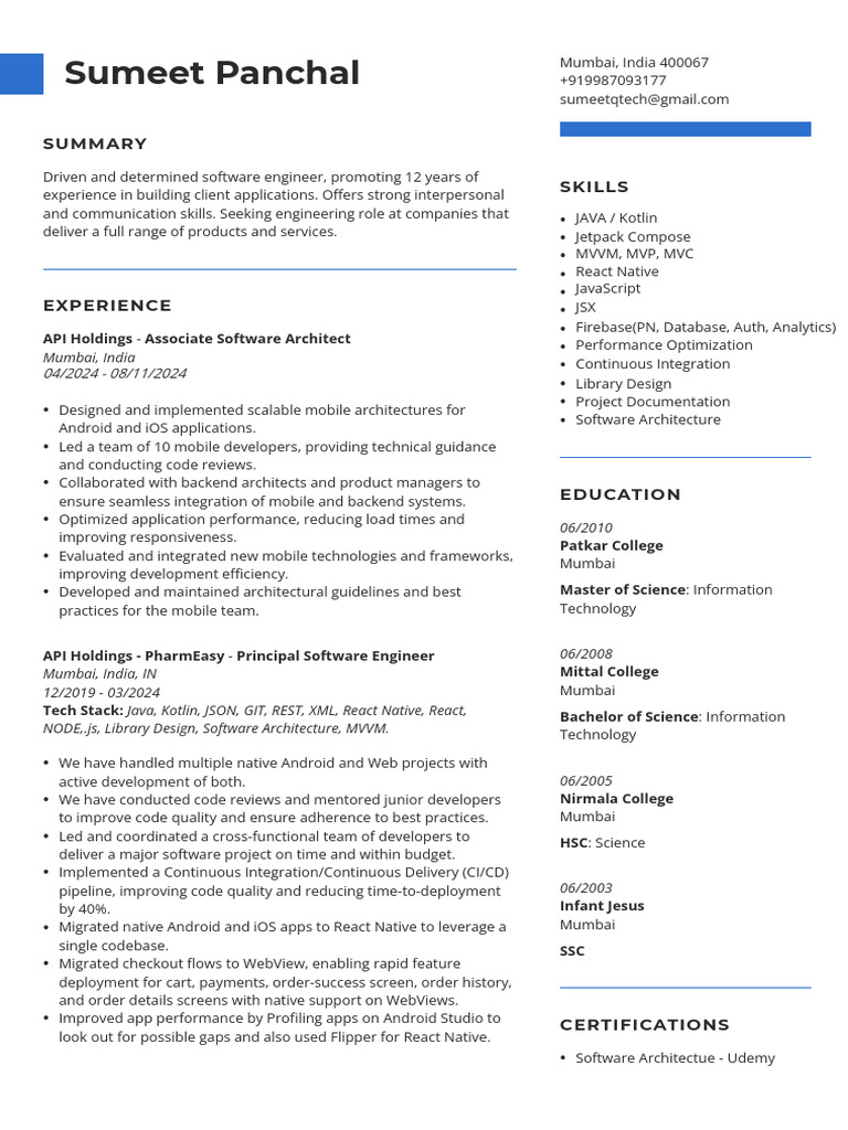Sumeet Panchal: Software Engineer Profile | PDF | Mobile App | Java ...