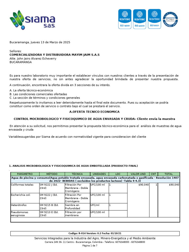 Propuesta de Análisis de Agua Siama | PDF | Laboratorios | Factura