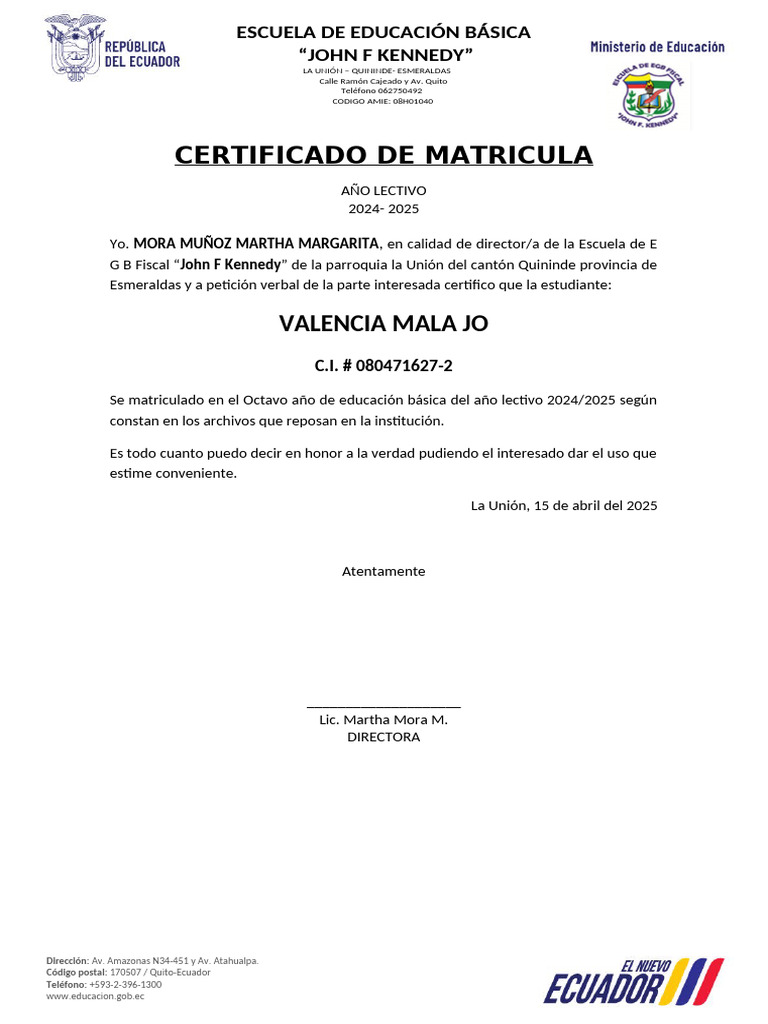 Certificado de Matrícula 2024-2025 EGB | PDF