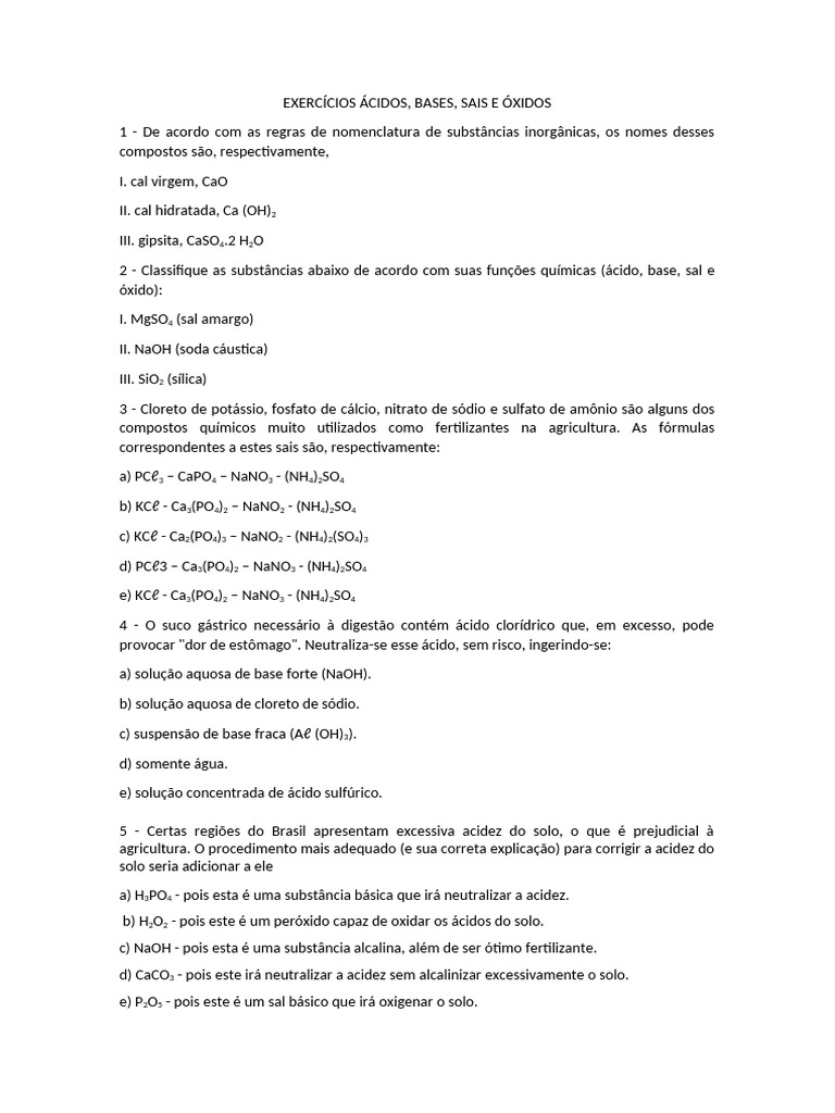 Exercícios sobre Ácidos e Bases | PDF | Sal (Química) | Ácido