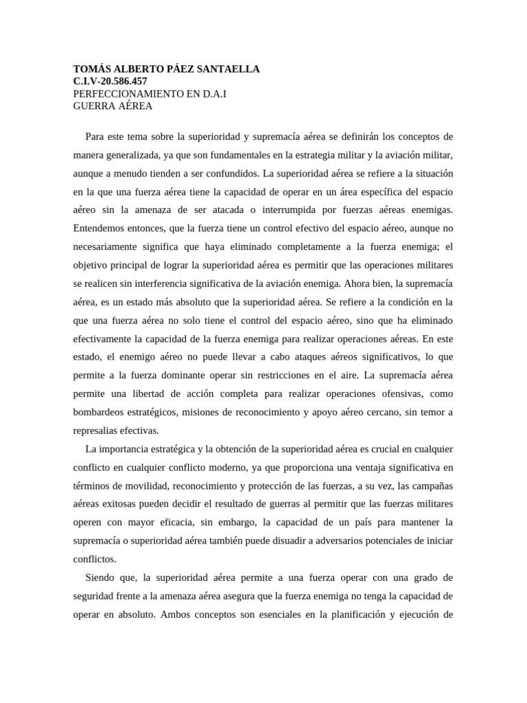 Ensayo Superioridad y Supremacía Aérea Ptte. Páez Santaella | PDF