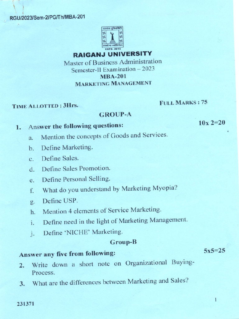 MBA Marketing Management Exam 2023 | PDF | Marketing | Human Communication