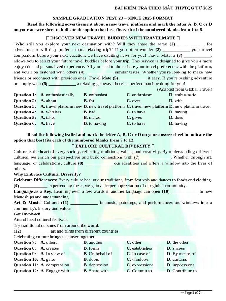 THPTQG 2025 English Exam Sample Test | PDF | Landslide | Vietnamese Cuisine