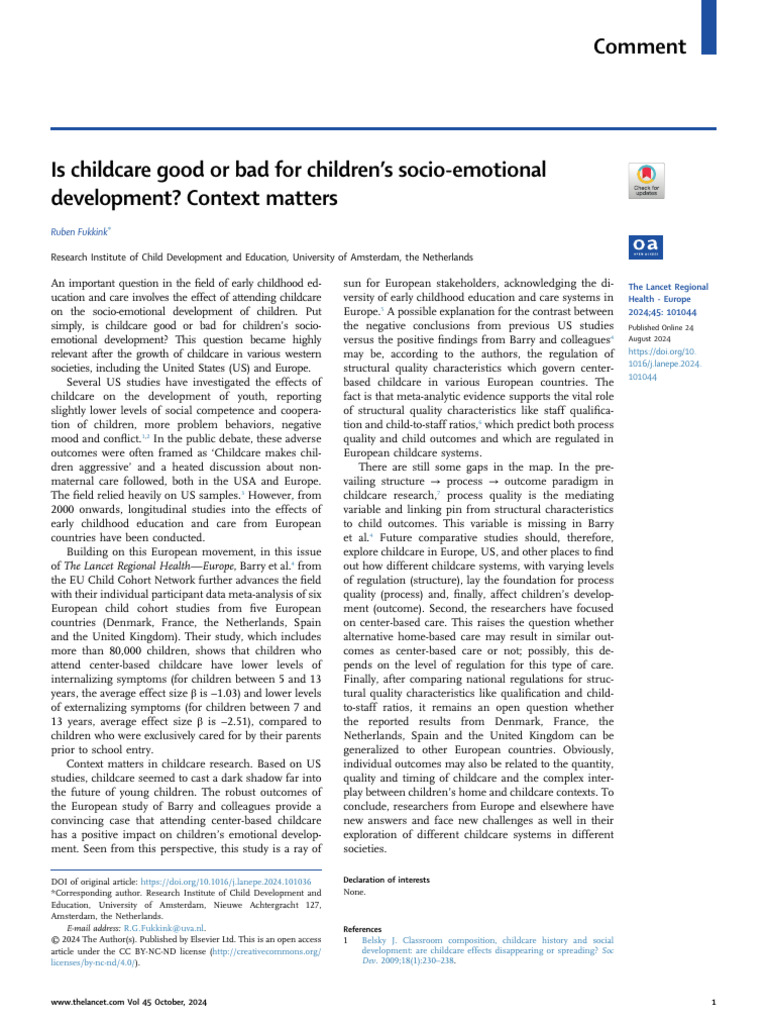 Childcare's Impact on Emotional Development | PDF | Child Care | Childhood