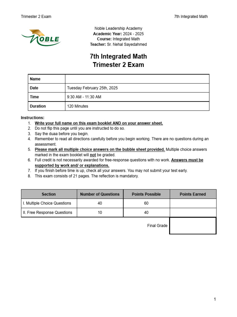 7th Grade Integrated Math Exam 2025 | PDF | Gallon | Multiple Choice