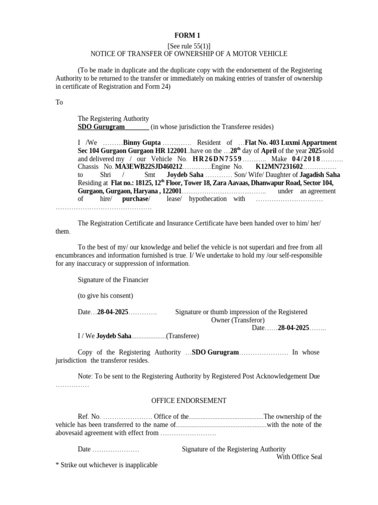 RTO Form 29 & 30 for Vehicle Transfer | PDF | Civil Law (Legal System ...