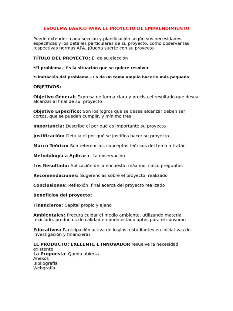 Esquema para Proyecto de Emprendimiento | PDF | Planificación ...