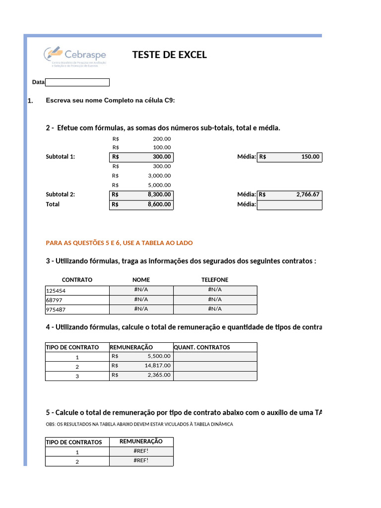Teste de Excel: Cálculos e Formatação | PDF