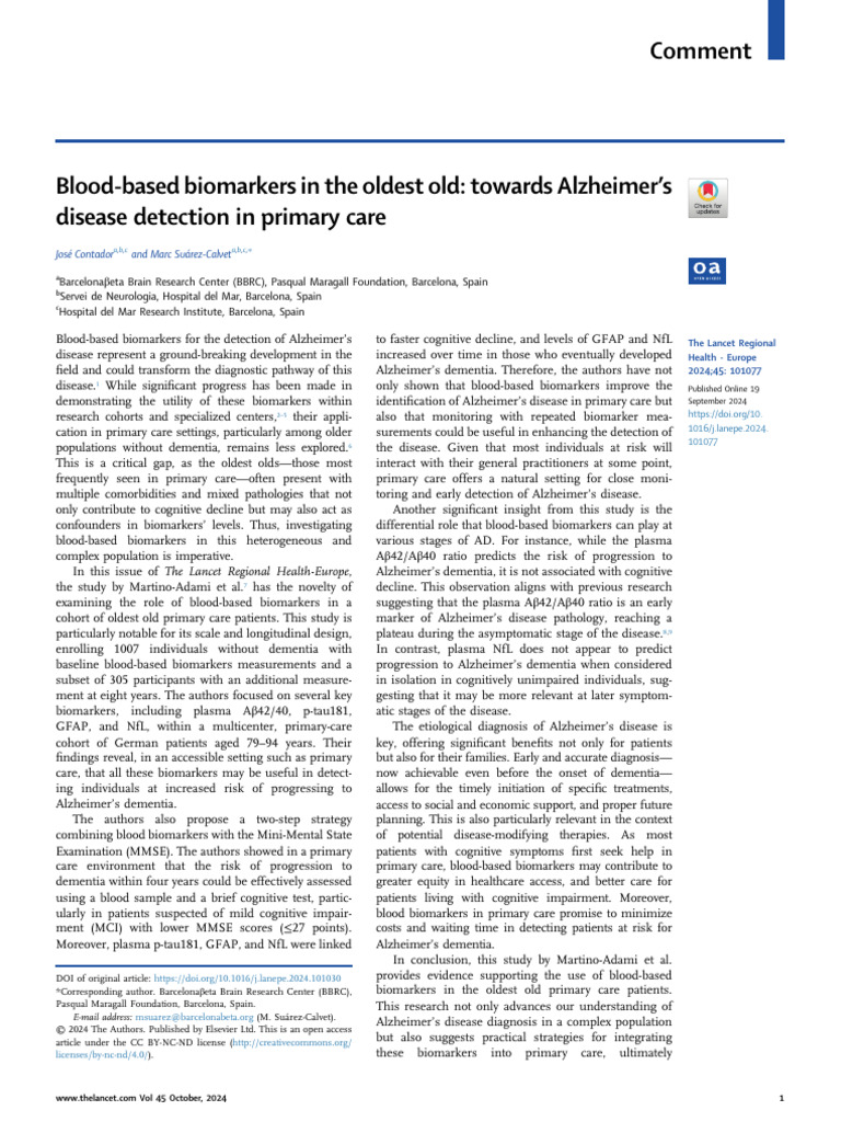 Blood Based Biomarkers in The Oldest Old Towards Al - 2024 - The Lancet ...