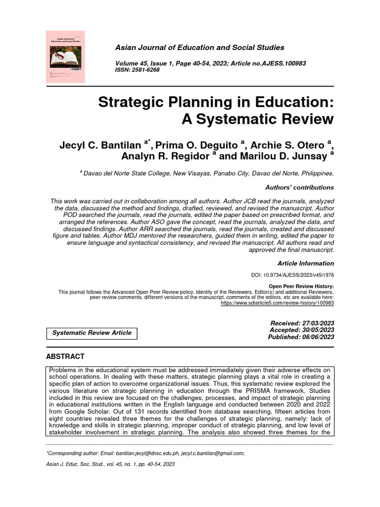 Strategic Planning in Education Review | PDF | Systematic Review ...