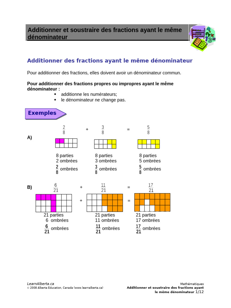 Addition de fractions avec même dénominateur | PDF | Division | Nombre