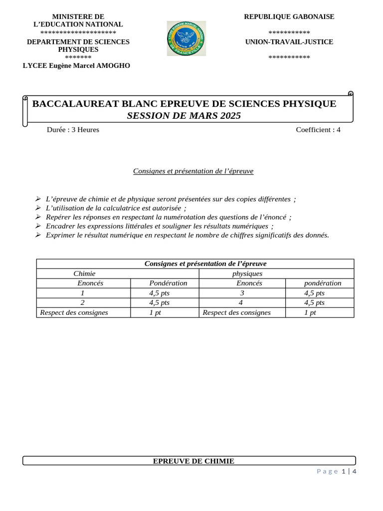 Baccalauréat Blanc : Épreuve de Sciences Physiques | PDF | Peroxyde d ...